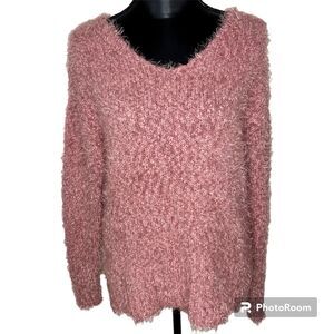 Knox Rose Fuzzy Sweater Eyelash Lace Back V Neck Coquette Textured Pink Large